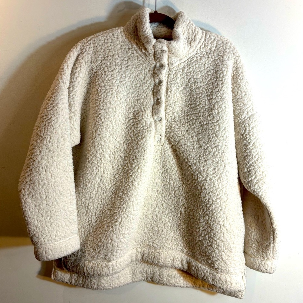 AIRIE Sz L Cozy Cream Sherpa Pullover With Snap Closure Funnel Neck Long Sleeves